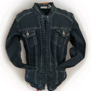 Pre Loved Chicos Platinum Decorative Denim Dark Wash Jacket Sz 0 Ruffles W/Hooks